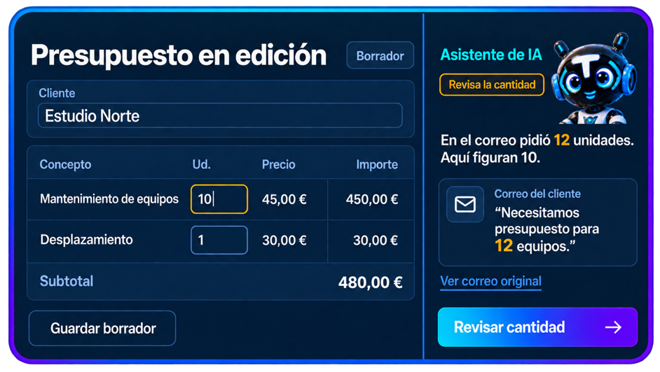 El asistente detecta que el cliente pidió 12 equipos por correo, pero el presupuesto incluye 10.