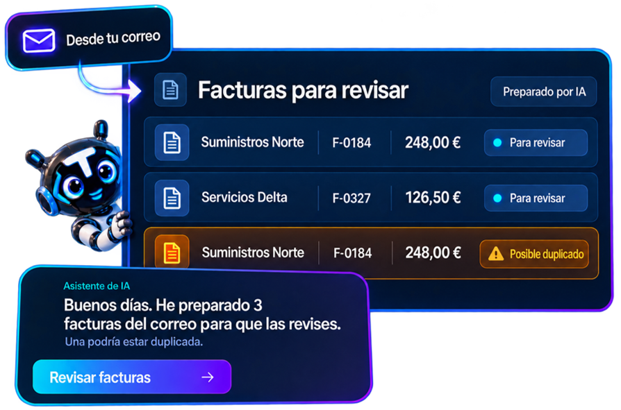 Tres facturas recibidas por correo están preparadas para revisión, una de ellas marcada como posible duplicado.