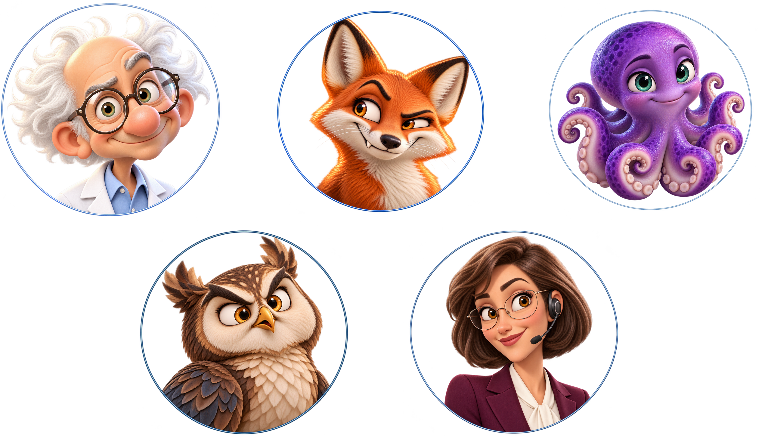Distintas identidades visuales para un asistente: científico, zorro, pulpo, búho y operadora.
