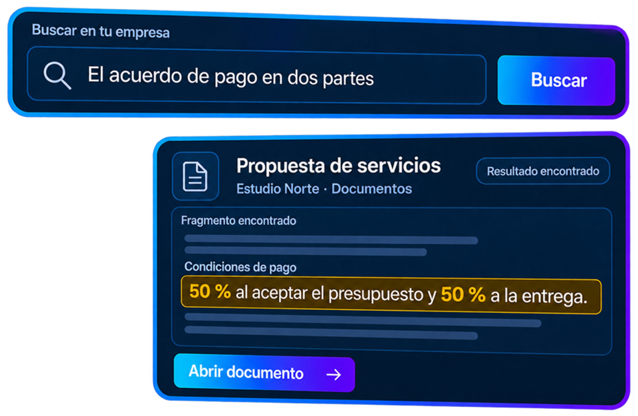 Una búsqueda sobre un pago en dos partes encuentra la cláusula del 50 % al aceptar y el 50 % a la entrega.